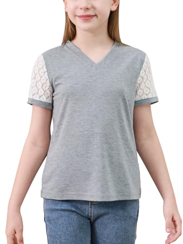 Image of GORLYA Girls Lace Sheer Sleeve Contrast T-Shirt Short Sleeve V Neck Casual Modest Tee Tops for 6-16Y