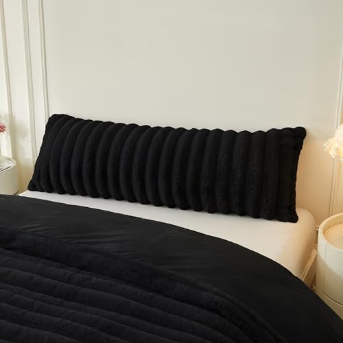 MEGO Fluffy Faux Rabbit Fur Body Pillow Cover Soft Plush Fuzzy Wide Striped 20x54 Body Pillowcase with Zipper Home Decorative Shaggy Furry Ribbed Long Pillow Cover for Bed Couch Sofa Bedroom Black
