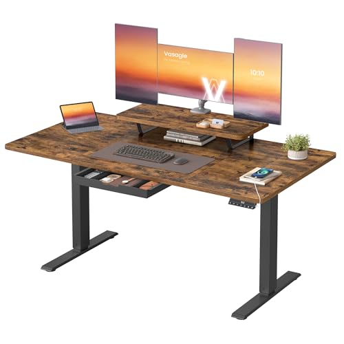 VASAGLE Höhenverstellbarer Schreibtisch, 140 x 70 cm, flexibel montierbarer Monitorständer, Schublade, USB-C-Anschluss, Erinnerung bei langem Sitzen, für Büro, vintagebraun LSD154KD01