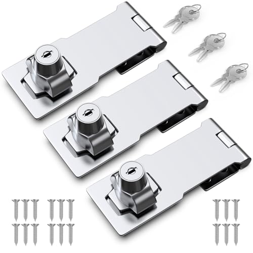 Image of 4 Inch Keyed Hasp Lock for Cabinets & Small Doors, Twist Knob Design, Heavy Duty Zinc Alloy with Chrome-Plated Iron, Includes Keys & Screws - Silver, 3 Pack