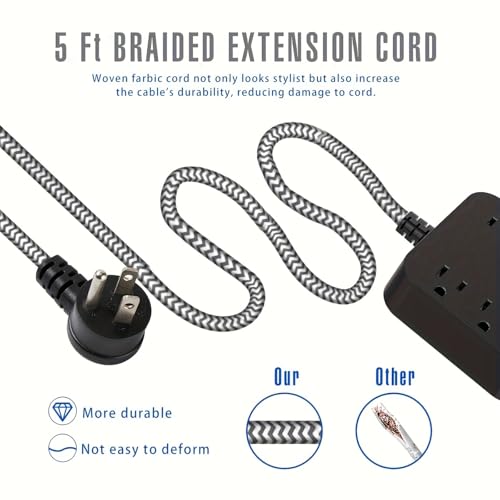 Extensión con enchufe plano, 5 pies, filtro múltiple con 4 puertos USB y 4 tomas amplias, montaje en pared, estación de carga para oficina, viaje y dormitorio miniatura 2