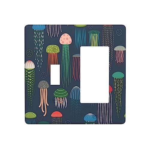 Colorful Jellyfish Sea Jellies Ocean Navy Blue 2 Gang Artistic Light Switch Cover Plates Decorative Combination Toggle Rocker/Decora Wall Plate Electrical Switchplate Faceplate for Nursery Kids Room