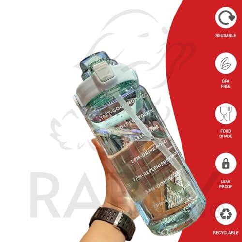 Image of RABBY 2L Motivational Water Bottle for Kids & School Use | Time Marker, BPA-Free, Leakproof Straw Lid, Carry Strap | Plastic Water Bottle for Travel, Sports, Gym, Office (Sea Green 1Pcs)