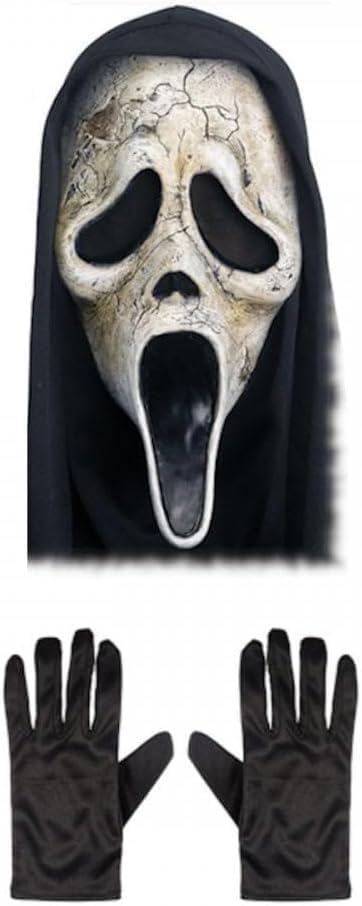 A2ZFD Adult Unisex Official Scream/Ghost Face® AGED Mask with Hood + Black Gloves : Halloween Horror Film Theme Fancy Dress Accessory Set