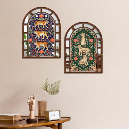 Image of Artvibes Nature-Inspired Tiger & Floral Theme Home Decoration | Jharokha Mirror Wall Hanging for Living Room, Hall, Bedroom, Dining Room & Entrance | Gift (WHJ 12048N), Set of 2