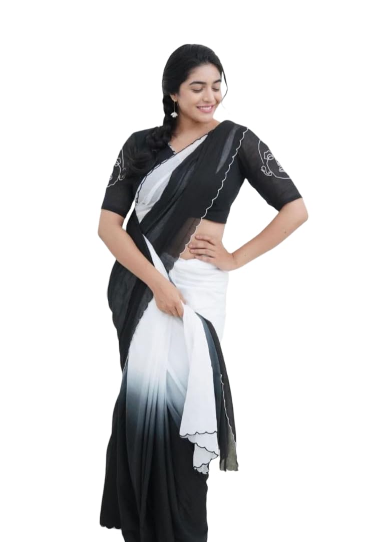 Ombre Georgette Saree, Black to Grey, Soft Lightweight, Minimal Design, with Printed Blouse, for Party & Casual Saree-picture-11