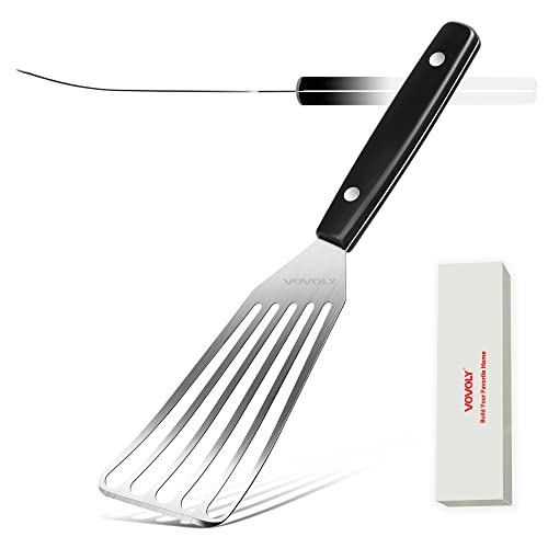 Fish Spatula With Curved Stainless Steel Blade, Vovoly Thin& Flexible Slotted Kitchen Turner Spatulas with Full Tang Handle, Dishwasher Safe Metal Flipper for Flipping Fish, Egg, Pancake, Meat