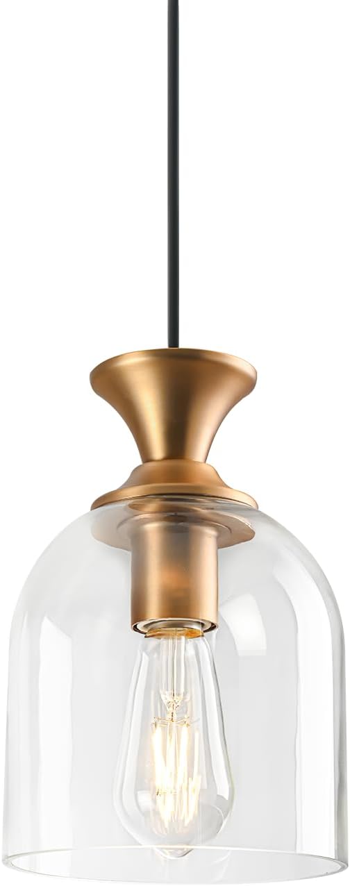 Gold Pendant Lights Kitchen Island, Modern Farmhouse Gold Pendant Light with Clear Glass, Kitchen Pendant Mini Hanging Light Fixture for Dinning Bathroom Hallway brass gold 1-PACK