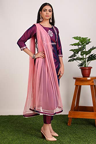 Image of Women Purple Layered Thread Work Kurti with Trousers with Dupatta-5049-P