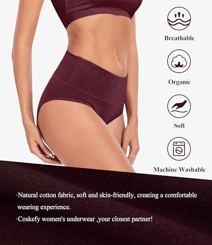 Image of coskefy High Waist Cotton Underwear for Women Full Coverage Panties Floral Print Briefs for Ladies 5 Pack
