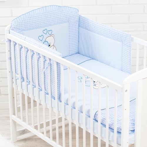 Generisch Juego completo de ropa de cama de bebé de 10 piezas, 100 % algodón, diseño de oso de peluche bordado con corazón azul (60 x 120 cm)