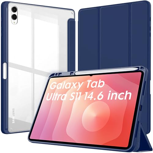 Image of Robustrion Cover Case for Samsung Galaxy Tab S11 Ultra 14.6 inch Cover with [S-Pen Holder], Hybrid Flip Cover Case for Samsung S11 Ultra Tablet 14.6 inch with Transparent Back [Auto Sleep Wake] - Navy