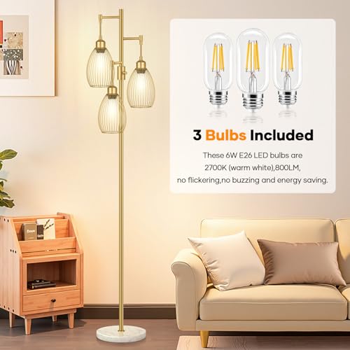 Image of Dimmable Floor Lamp,3x800LM LED Bulbs Included, Farmhouse Industrial Floor Lamp Standing Tree Lamp with Teardrop Cage Head Tall Lamp for Living Room Bedroom Office Dining Room - Gold & Marble Base