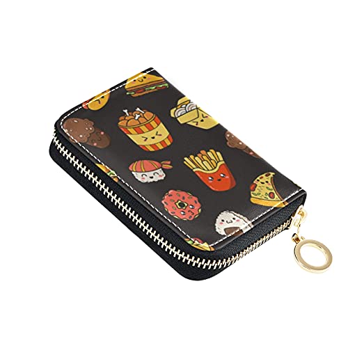 Fast Junk Food Hamburger French Fries Ice Cream Faces On BlackGrey Credit Card Coin wallet, RFID Blocking Compact Women Leather Card Holder, Key Change Organizer, Zipper Purse Clutch Pouch Pocket