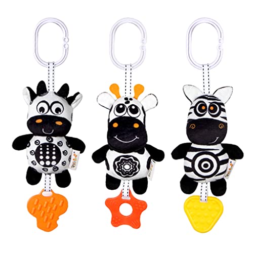 Image of KAKIBLIN Baby Hanging Toy,3 Pack Black and White Sensory Toys for for 0 3 6 9 to 12 Months, High Contrast Soft Hanging Crinkle Squeaky Learning Toy with Teether for Boys Girls (21CM, Zebra,Deer&Cow)