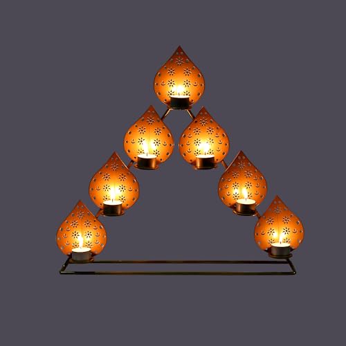 Image of METSY Stylish Metal Cutting Edge Candle Light Holder Leaf in Rectangular Shape | Metal Art | Home Decor Items (Golden Triangular)
