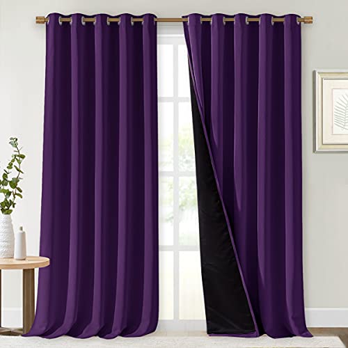 NICETOWN 100% Blackout Curtains with Black Liner Backing, Thermal Insulated Curtains for Living Room, Noise Reducing Drapes, Royal Purple, 70 inches W