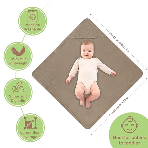 Image of 100% Organic Cotton Muslin Baby Hooded Towel, 32x32 in, Olive & Ivory, 2 Pack, Soft Absorbent 4-Layer Hooded Bath Towel for Newborns, Infants, Toddlers, Boys, Girls, Oeko-TEX