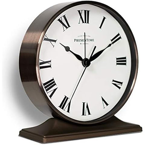 Presentime & Co Lewis Mantel Alarm Clock, Desk and Shelf Clock, Tabletop Decoration, 5.5 x 5 inch, Silent no Ticking, Metal Base, Bronze Finish, Roman Numeral Cover