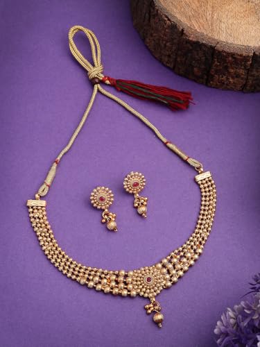 Image of Sukkhi Classic Gold Plated Choker Necklace with Drop Earring Jewellery Set For Women & Girls|Suited for All Festive Occasions|NS107402