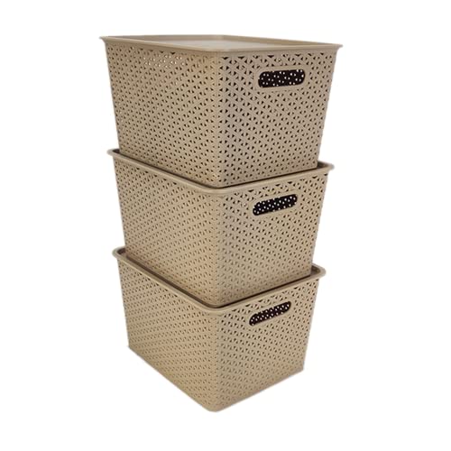 Image of Homestrap Set Of 3 Plastic Storage Organizers /Baskets With Lid For Kitchen, Clothes, Multipurpose Vegetables, Toys, Books, Office, Stationery, Wardrobe(Large| Biscuit, Rectangular)