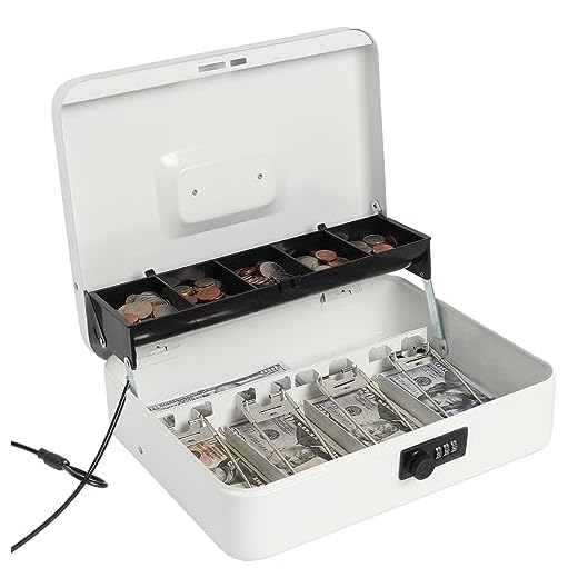 Jssmst Large Locking Cash Box with Money Tray, Metal Money Box with Combination Lock, White