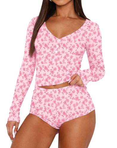 Image of Lacozy Womens Sexy Pajama Sets 2 Piece Cute Pj Set V Neck Long Sleeve Crop Top and Shorts Y2k Lounge Sets Sleepwear