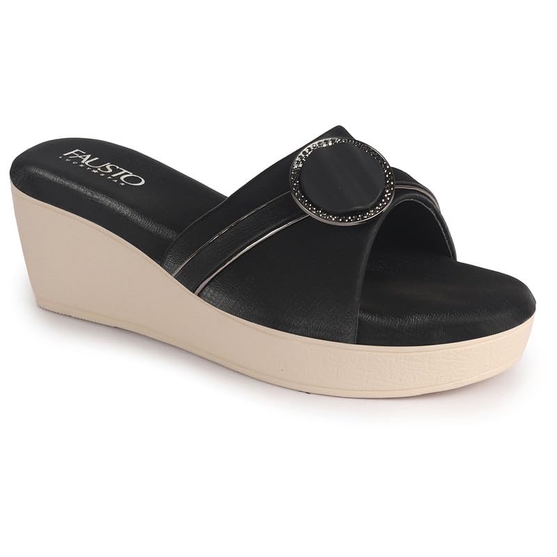 Image of FAUSTO Women Buckle Design Wedge Heel Sandals | Comfortable Slip-On Platform Slides For All Day Wear, Casual and Party | Soft Cushioned Insole