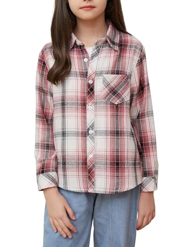 Betusline Girls Plaid Flannel Shirt Kids Long Sleeve Button Button Shirts Tops F White & Pink 2-3 Years= Tag 100