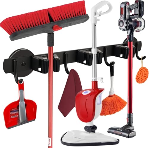 ULIBERMAGNET Magnetic Mop Broom Holder, Movable Magnetic Broom Holder Rack, Non-Slip Wall Mounted Utility Storage Mop Shovel Hanger for Garage, Kitchen, Laundry, Garden (3 Racks / 4 Hooks)