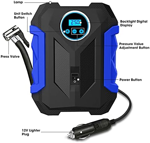 CaRSun Digital Tyre Inflator Portable Air Compressor,150 PSI 12V Air Pump Tyre Inflation With Tyre Pressure Gauge And LED Light Blue