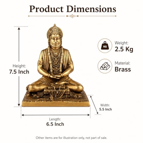Image of Kartique Brass Ram Bhakt Hanuman Ji Idol for Home and Pooja | Bajrangbali Murti in Meditation Gold Color Height 7.5 Inch