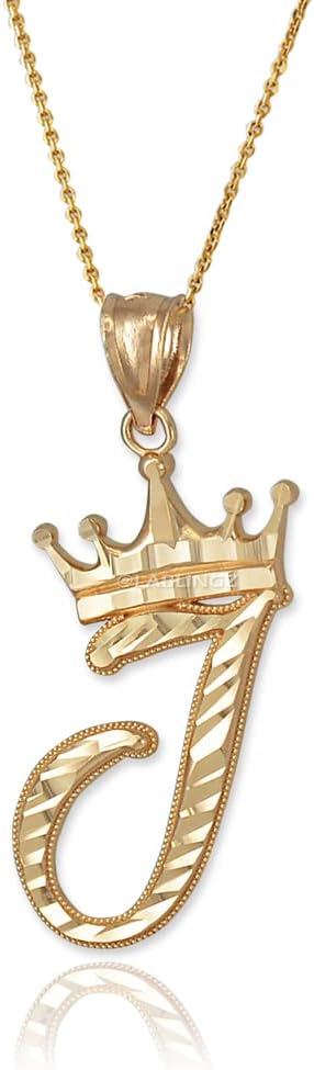 10K Yellow Gold Sparkle-Cut Royal Crown Cursive Monogram Letter Initial A-Z Alphabet Pendant Necklace - Choice of Initial Letter and Rolo Chain 16"-22" Length