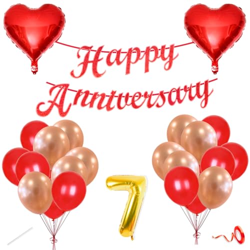 Image of Flyloons 7th Happy Anniversary Decoration Items Red Rose Gold for Men Women Husband Wife Mom Dad Parent Couple Home Bedroom Car With 20 Pcs Metallic Balloons Anniversary Banner 2 Pcs Heart Set Kit