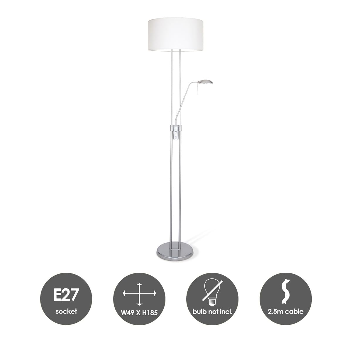 Home Sweet Home Lámpara de pie de techo con luz de lectura regulable – Lámpara de pie para salón blanca, lámpara LED de 170 cm con pantalla de tela, incluye bombillas E27 y G9