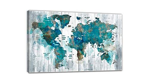 Abstract World Map Canvas Wall Art for Living Room Office Green Teal White World Map Picture Print Artwork Decor for Home Bedroom Decorations 36x48