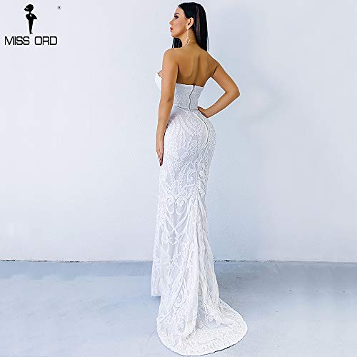 Miss ord Sexy Bra Strapless Sequin Wedding Evening Party Maxi Dress (Medium, White)