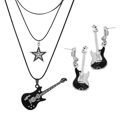 HDGSAFD 1 conjunto de colar e 1 par de brincos, colar de estilo punk, colar de estrela de cinco pontas de guitarra multicamada, jóias personalizadas de rock, presente de punk rock.