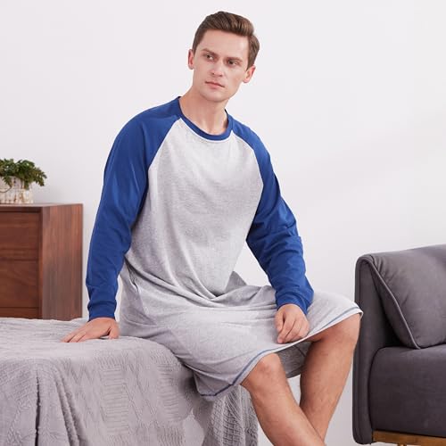Keyocean Mens Cotton Nightgown Soft Lightweight Long Sleeve Sleepshirt Crew Neck & Pockets Comfortable Lounge Nightwear3
