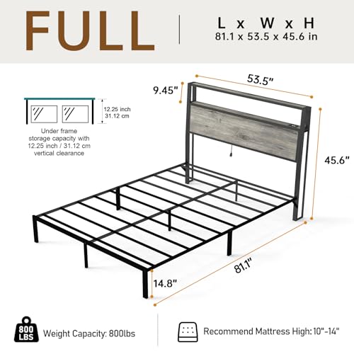 Image of Full Size Bed Frame with Headboard, Metal Platform Bed Frame with LED Lights & Charging Station, Under Bed Storage, Solid and Stable, No Box Spring Needed, Noise Free, Easy Assembly, Rustic Grey