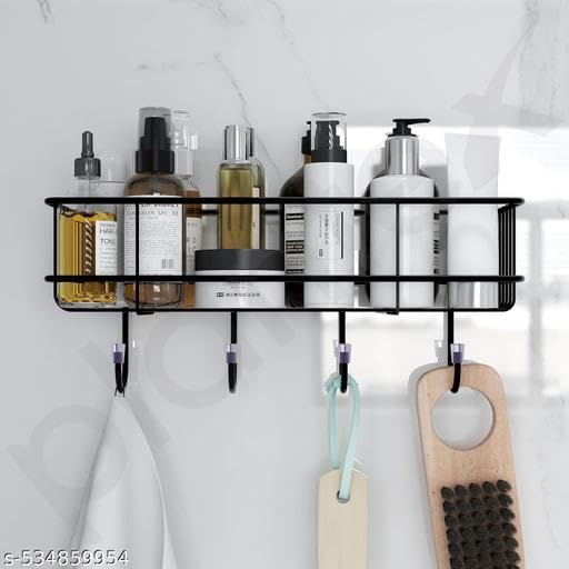 (Pack of 2) Steel Self-Adhesive Multipurpose Bathroom Shelf with Hooks/Towel Holder/Rack/Bathroom Accessories-Wall Mount - Pack of 2 (Black,Powder Coated)|BHR-P1923 4