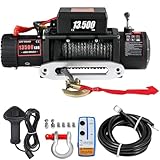 Elektrische 12V Seilwinde 13500 lb/6123 kg 24m x 9.5mm Synthetikseil, IP68 Motorwinde 2 drahtlosen Fernbedienungen, für Anhänger, Geländefahrzeuge, 4x4-Fahrzeuge, UTV- und ATV-Abschlepp