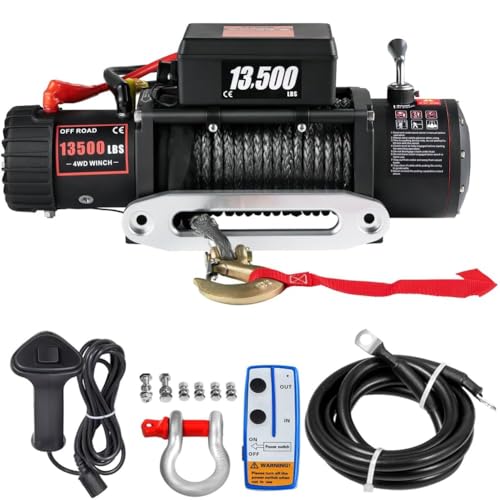 Treuil électrique 12v 13500lb/6123KG Avec TéLéCommande Corde Synthétique 24m*9.5mm Télécommande Sans Fil, Moteur haute puissance, engrenage en acier intégral