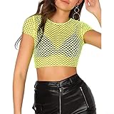 Blusa corta de malla transparente para mujer, con mangas cortas, estilo transparente para el verano (S amarillo fluorescente)