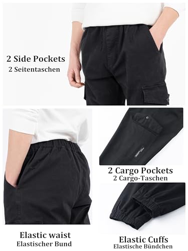 CAMLAKEE Cargohose Jungen Jogginghose Kinder Cargo Hosen Jungs Arbeitshose mit Elastischem Bund Schwarz DE: 170-176 (Herstellergröße 180)