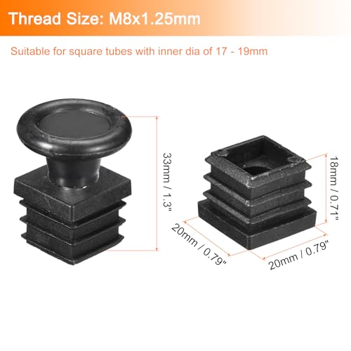 Image of uxcell 8Pcs Inserts for Square Tubes with Leveling Feet, for 0.79 inchx0.79 inch OD Square Tube, M8-1.25mm Thread Black Plastic Furniture Chair Blanking End Caps Insert Plugs