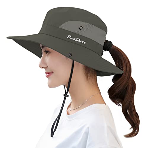 Muryobao Women's Sun Hat Outdoor Uv Protection Foldable Mesh Bucket Hat Wide Brim Summer Beach Fishing Cap Pure Army Green #TOP28