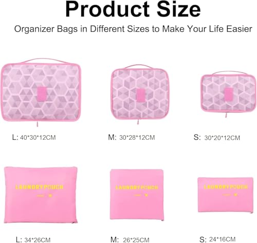 Image of Handcuffs Travel Organizer Packing Cubes for Travel | Set of 6 Laundry Bags with Zippers and Mesh Panels | Luggage Organizer for Women | Useful Travel Gift Idea| Pink