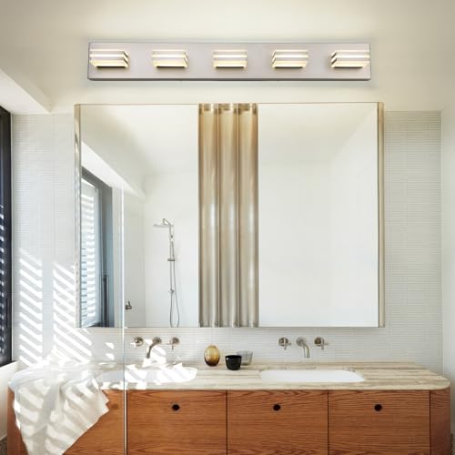 Image of LED Wall Brushed Nickel Vanity Lights for Bathroom Light Fixtures 30W Adjust 3 Colors Modern Bath Lighing Over Mirror LED Vanity Light (5-Light,34inch)