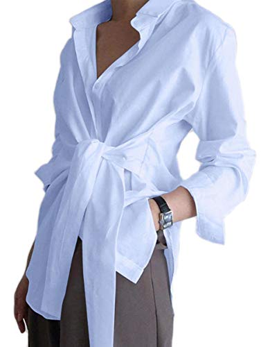 KUFV Women's Long Sleeve Button Down Shirts Tie Waist Casual Loose Blouses Tops Light Blue
